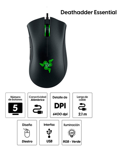 Mouse Razer Deathadderessential 5 Botones 6400 Dpi Luz Verde
