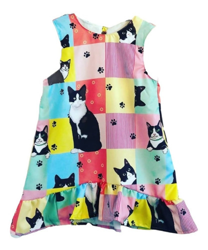 Vestido Trapezio Infantil Gatinhos Coloridos Festa Criança 