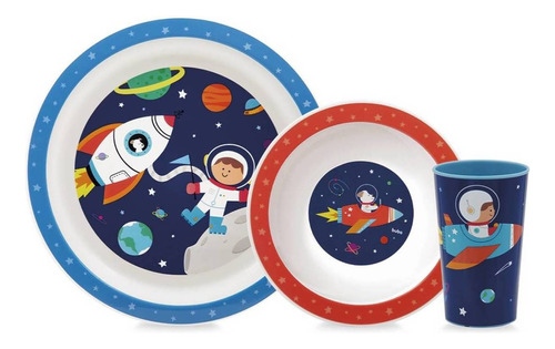 Kit Refeição Infantil Com 2 Pratos E Copo Astronauta - Buba Cor Azul e Laranja