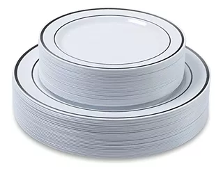 60 Plastic Plates With White And Silver Rim, Heavy Duty...