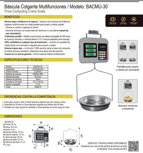 Imagen 4 de 4 de Bascula Digital Colgante Rhino 30kg Bacmu30 Rbanda