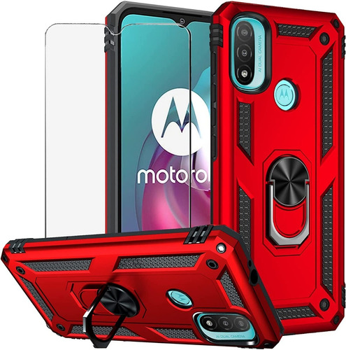 2 Micas + 1 Funda Rudo Con Anillo Para Moto E20 / E30 / E40