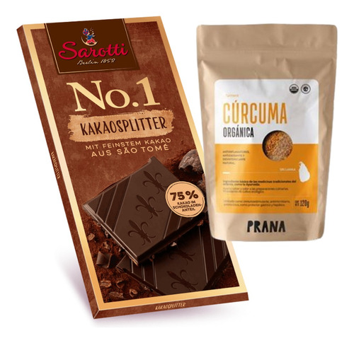 Cúrcuma Orgánica 120g Prana + Chocolate 75% Cacao Sarotti 80