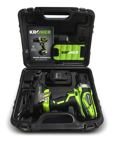 Imagen 3 de 5 de Taladro Percutor 13mm Inalámbrico Profesional Kroner 20 Volts 2 Baterías Verde 60hz