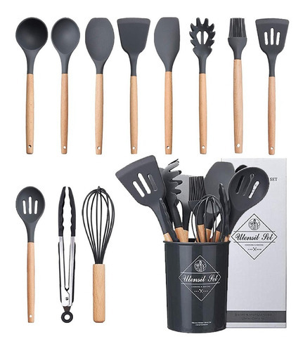 Kit 12 Utensílios De Cozinha Em Silicone E Cabo De Madeira Cor Preto