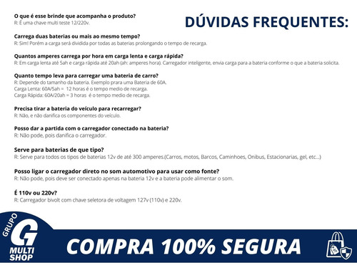 Imagem 2 de 6 de Carregador Bateria Carro Moto 12v 20ah Flutuante Cv20