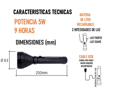 Linterna Recargable Led 5w Tbcin Batería De Litio 8hs
