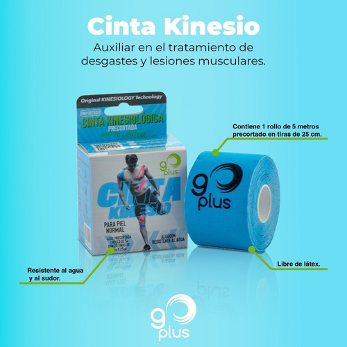 Imagen 6 de 10 de Paquete 6 Cintas Kinesiológicas Azul Go Plus 5m Pre-cortada