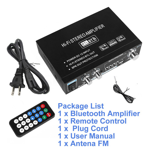 Amplificador De Audio Estereo Bluetooth Mini Automoción/hogar 2 Canales Aux/fm/mp3/rca/usb Alta Potencia Alto Rendimiento Calidad De Sonido Hifi Menor Ruido Con Mando A Distancia