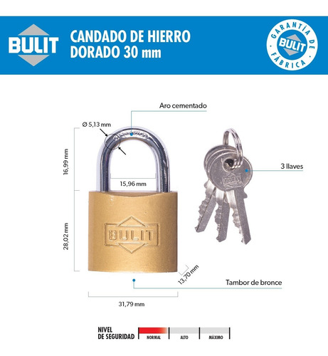 Candado De Hierro Dorado Bulit N° 30
