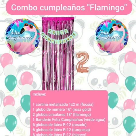 Combo Decoración Cumpleaños Flamingo Cortina Banderin Globos