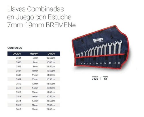 Imagen 2 de 5 de Set Llaves Combinadas Bremen Juego 13 Pz 7 A 19 Mm 7176