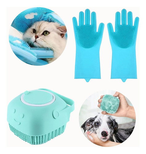 Set De Cepillo Para Bañar Perro + Par De Guantes Mágicos