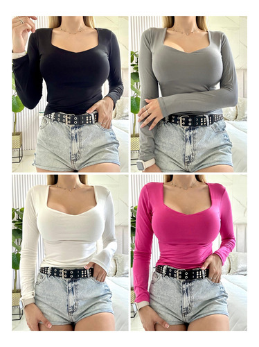 Remera Manga Larga Escote Corazón De Modal Mujer Pack X6