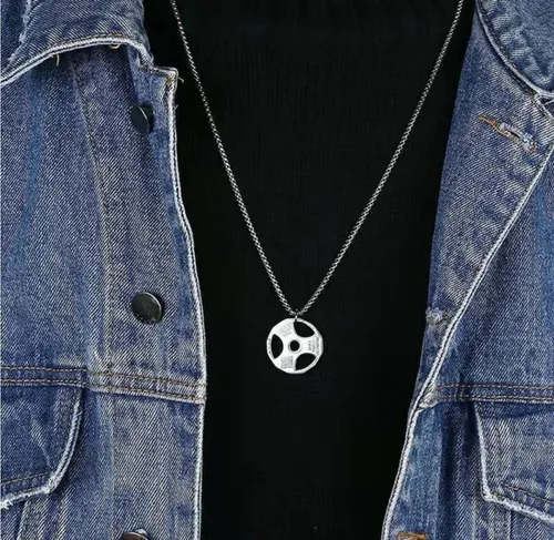 Collar Con Dije Disco Pesas Y Pulsera Mancuerna Acero Inoxidable Gym Fit Negro