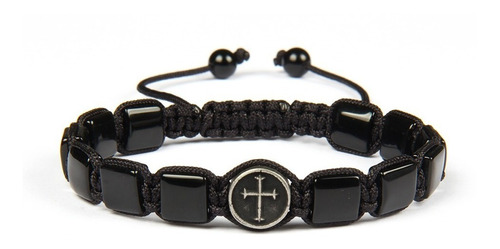 Pulsera Cruz Piedra Agata Ajustable Hombre Negra Matte