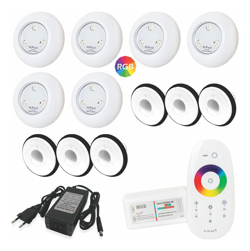 Kit Iluminação Piscina Fibra - 6 Leds 9w + Touch + Fonte