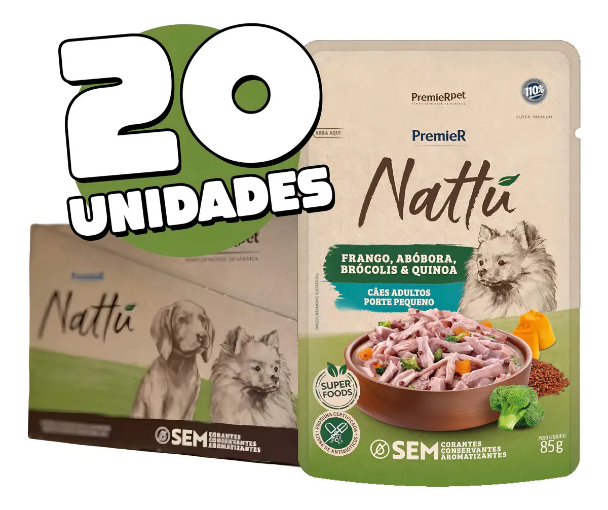 Alimento Premier Nattú Frango, Abóbora, Brócolis & Quinoa para cão adulto de raza pequenos sabor frango kit x 20 unidades de 85 g