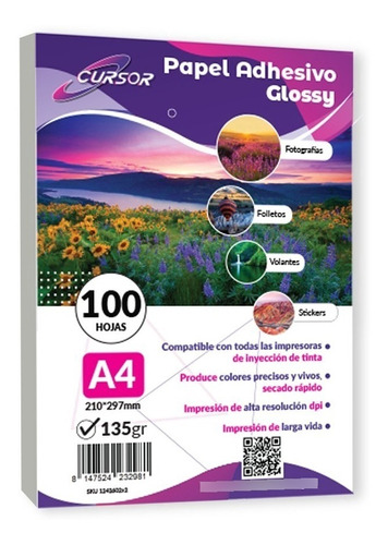 Imagen 1 de 4 de Papel Fotografico Adhesivo A4 135g Glossy Pack 100 Hojas