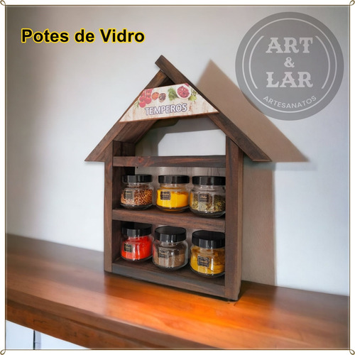 Porta Tempero De Madeira Casinha De Parede 6 Potes Vidro 120
