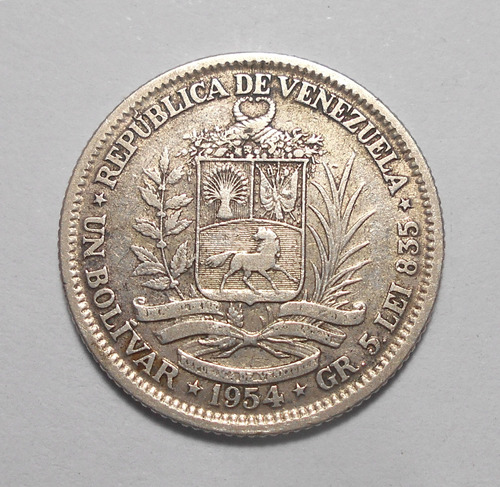 Venezuela 1 Bolívar 1954 - Y# 37 - Plata - Único Año