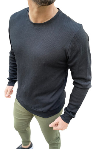 Buzo Tipo Sweater Cuello Redondo Waffle Negro