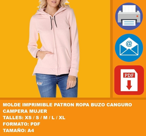 Molde Imprimible Patron Ropa Buzo Canguro Campera Mujer 2x1