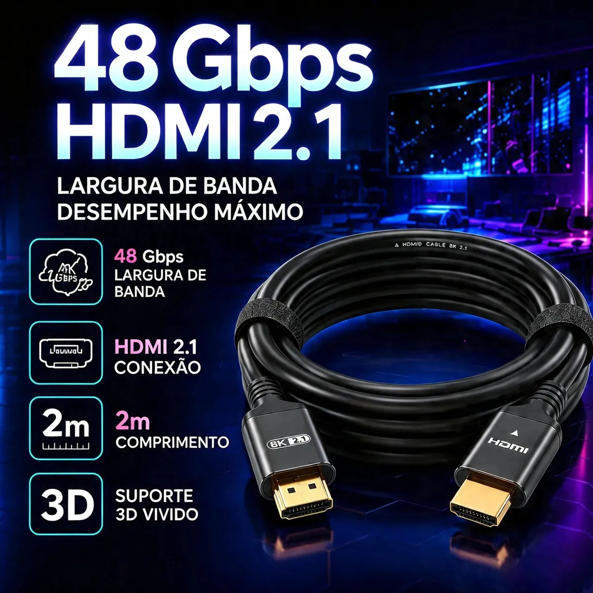 Cabo HDMI 8K 2.1 Blackone 2m Compatível PS5 Xbox 48Gbps Conector Ouro