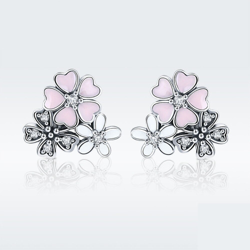 Aros De Plata 925 Con Circones - Bello Diseño De Flor Cerezo