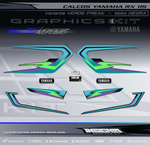Calcos Yamaha Rx 115 - Verde Freak - Moto Negra  - Insignia