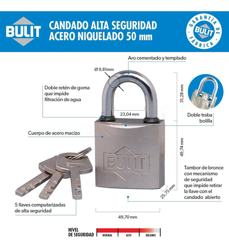 Candado Bulit Acero Niquelado 50 Mm Mod: Alta Seguridad