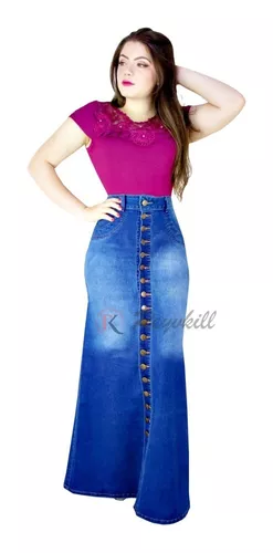 Saia Moda Evangélica Jeans Longa Elastano Botões Britney | LOPESMARLEY