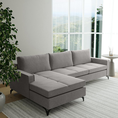 Sofá Living Com Chaise Esquerda Cama Inbox Kiev. 2,70m Linho Cor Cinza claro