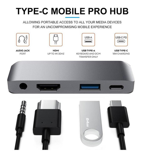 Usb Tipo C - Adaptador Hdmi 4k Pd Usb 3.0 Tipo C Dock 3,5 Mm