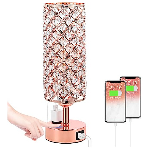 Lámpara De Mesa De Cristal, Rosa Dorada Usb Y Enchufe,...