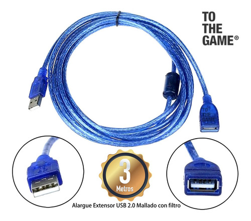 Imagen 3 de 5 de Cable Usb Extensión 3 Metros Mallado Con Filtro Alargador