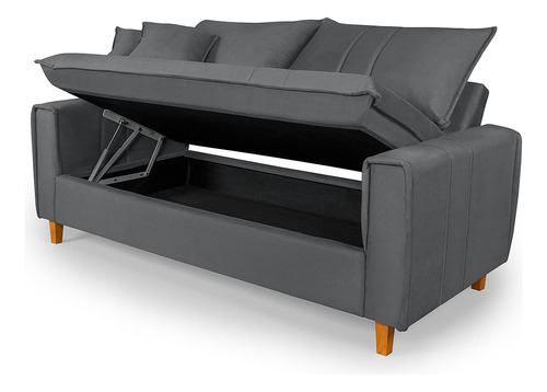 Sofa Living 195cm 3 Lugares Com Bau Tecido Suede Pes Madeira Cor Cinza