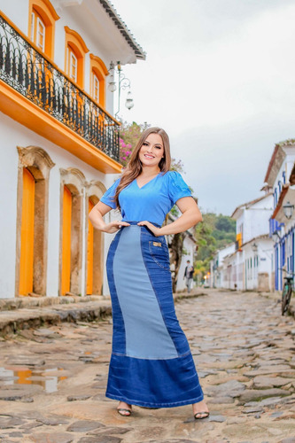 Imagem 2 de 4 de Saia Feminina Jeans Longa Joyaly Dual Color Moda Evangelica