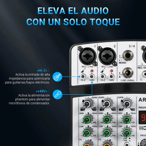 Mezcladora analógica Arvomic ARA-4/mixer amplificada de 4 Canales consola sonido 99 USB