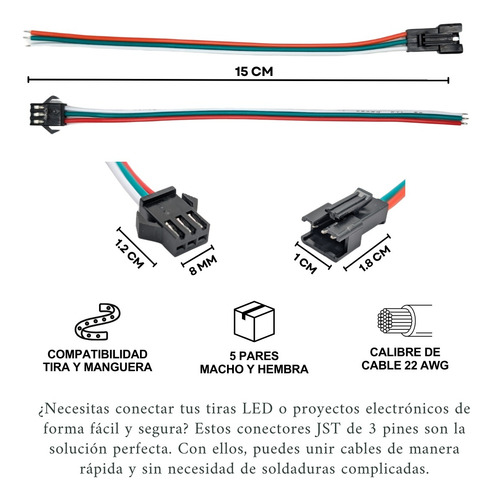 Conectores Jst Sm 3 Pin Macho/hembra 22 Awg Para Led 5 Pares