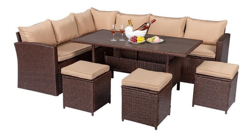 Juego Muebles Exterior De Rattan 8 Piezas Cafe Con Mesa