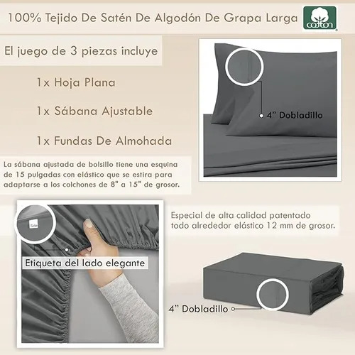 Sábanas Pizuna Linens Kingsize Juego King Size Gris Oscuro Liso