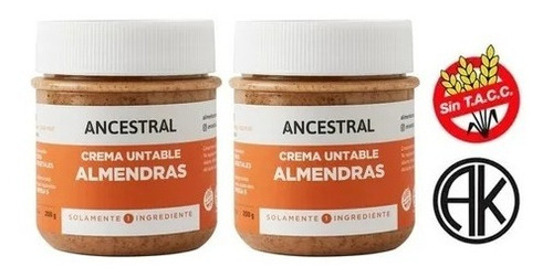 Crema Untable De Almendras Ancestral Vegano Sin Tacc 200g X2