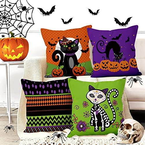 Fundas De Cojín Halloween Gato Negro (juego De 4) 18x1...