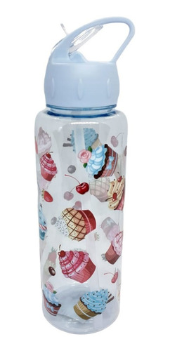 Garrafa Squeeze Com Canudo Cupcake Donuts 800ml Azul