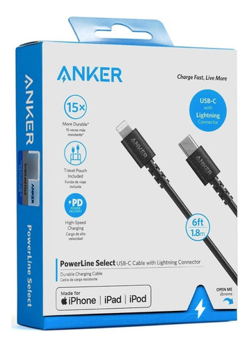 Anker Cable Mfi Usb C Para iPhone SE 2022 (1.8m) Black