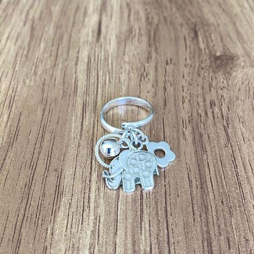 Imagen 4 de 10 de Anillo Plata 925 Elefante Y Dijes Colgantes Ajustable Agalea