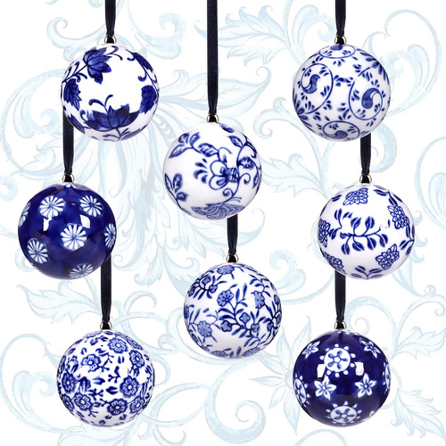 8 Piezas De Adornos De Navidad De Porcelana China Azul Y Bl.