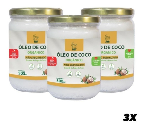Imagem 1 de 4 de 3x Oleo De Coco 500ml Orgânico Sem Sabor Sem Cheiro Hf Supl