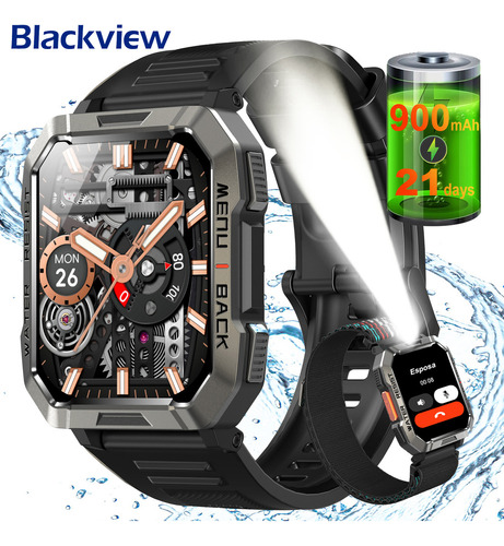 Blackview Smartwatch Relógio Inteligente Militar Bvw60 De 2,1'' Relógio Inteligente Militar Lanterna Bluetooth 5 Atm À Prova D'água